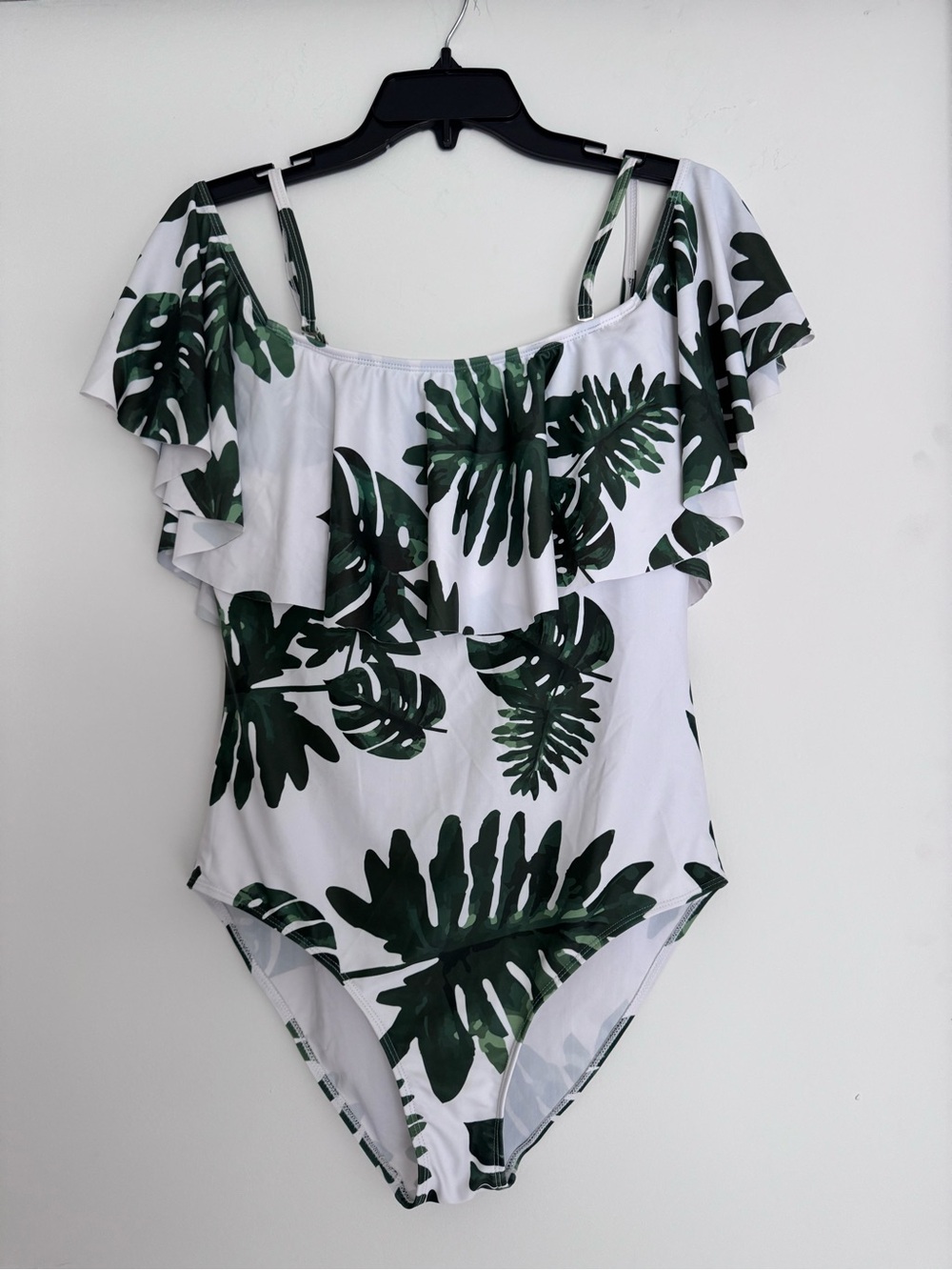 Women’s White One-Piece Swimsuit with Green Tropical Leaves - removable straps